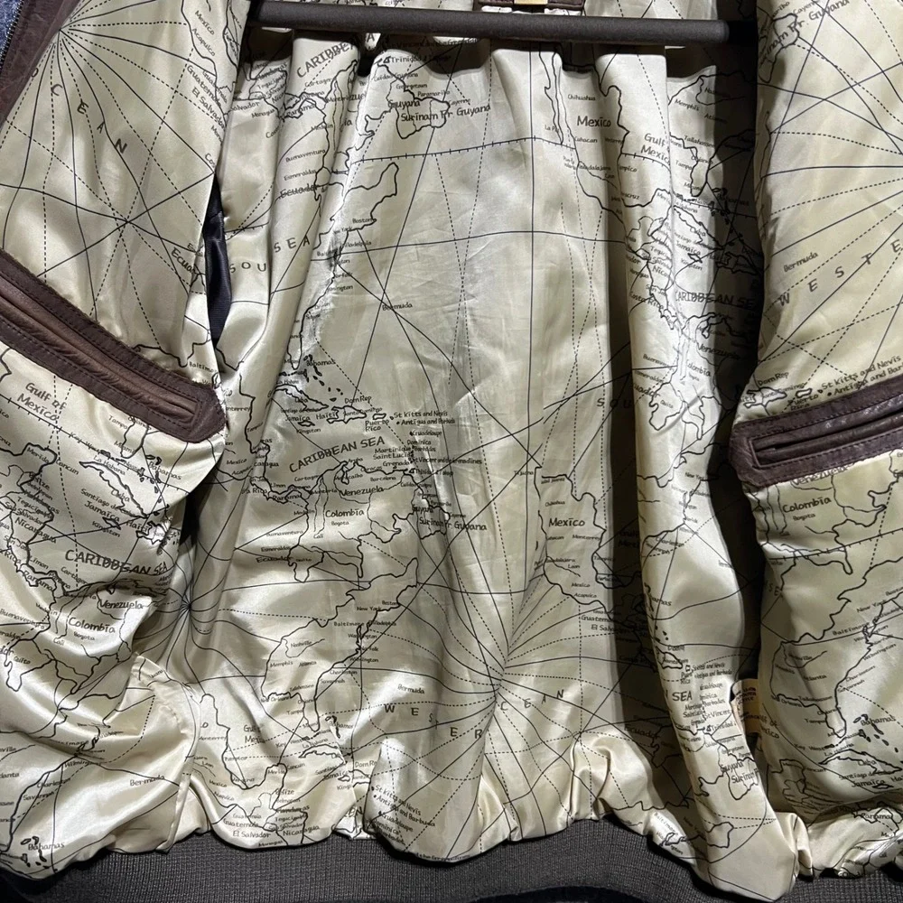 Jos A Bank Leather Bomber Jacket Mens L Brown Flight Map Lining Full Zip Casual